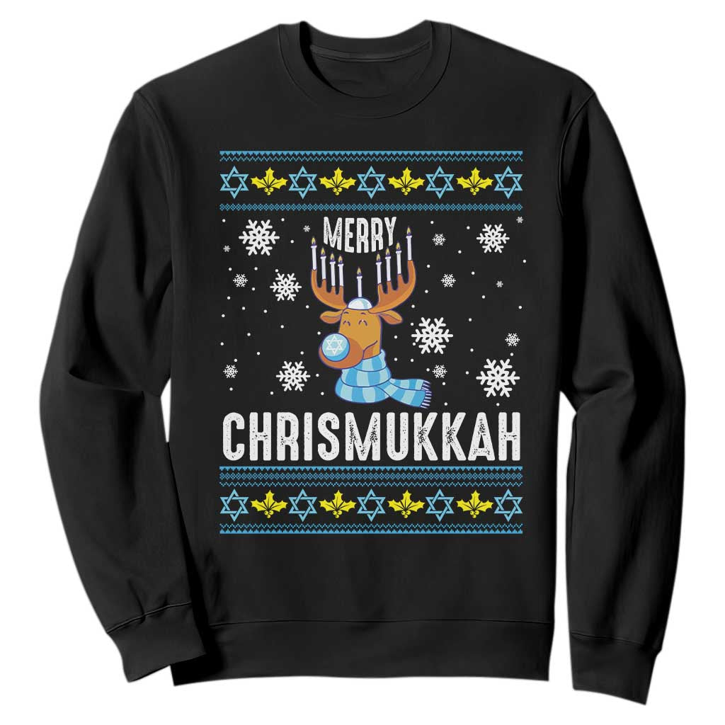 Funny Hanukkah Christmas Sweatshirt Merry Chrismukkah Reindeer David Stars Menorah TS11 Black Print Your Wear