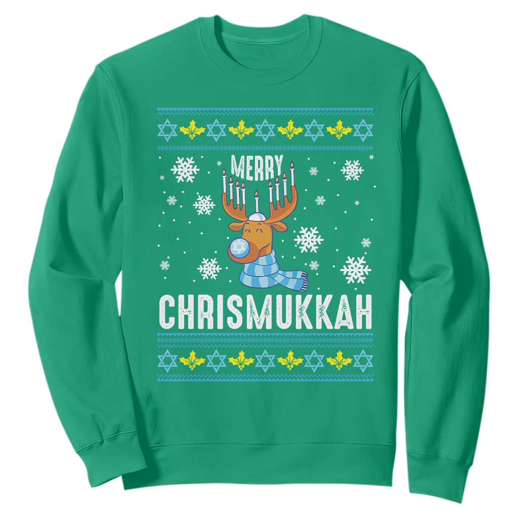Funny Hanukkah Christmas Sweatshirt Merry Chrismukkah Reindeer David Stars Menorah TS11 Irish Green Print Your Wear
