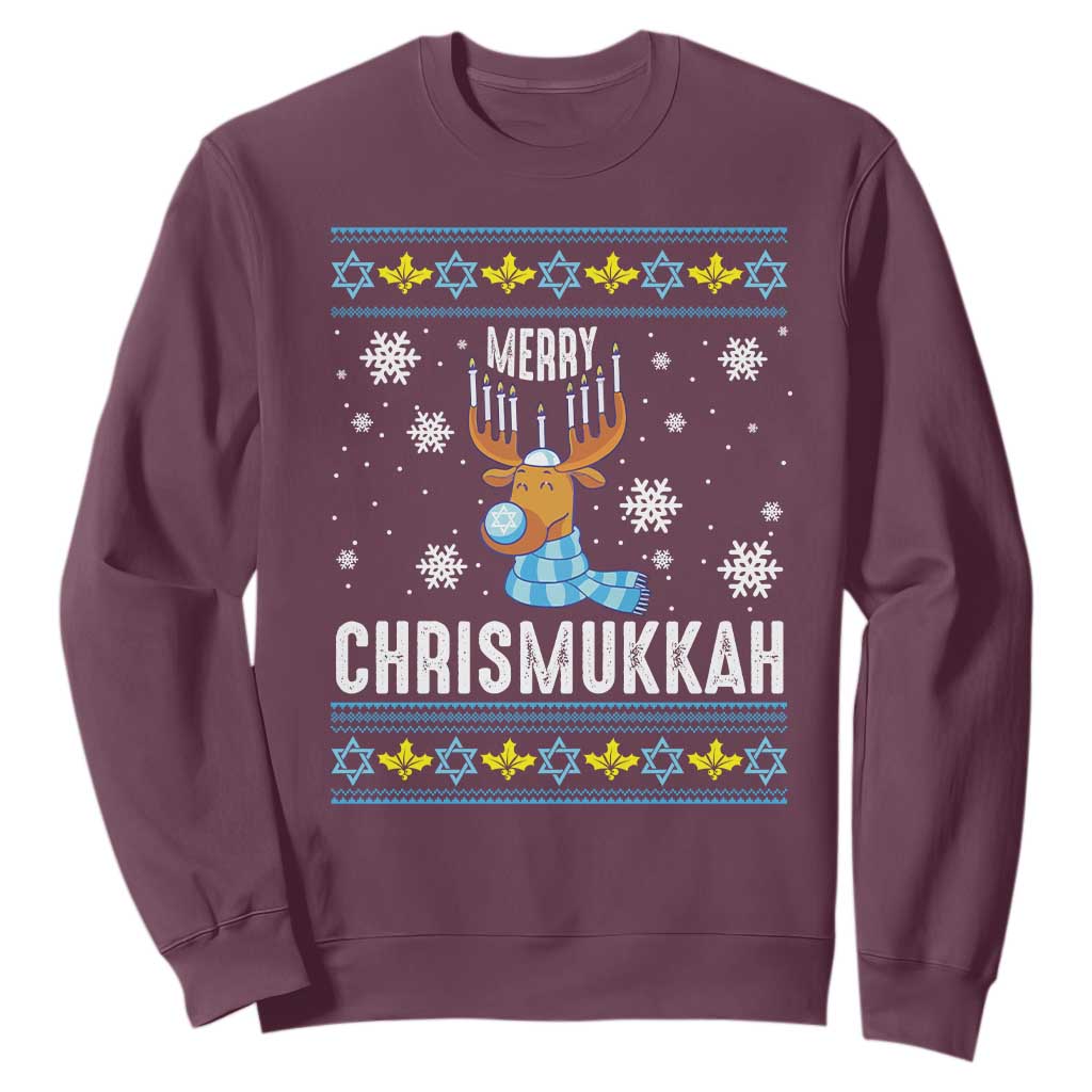 Funny Hanukkah Christmas Sweatshirt Merry Chrismukkah Reindeer David Stars Menorah TS11 Maroon Print Your Wear