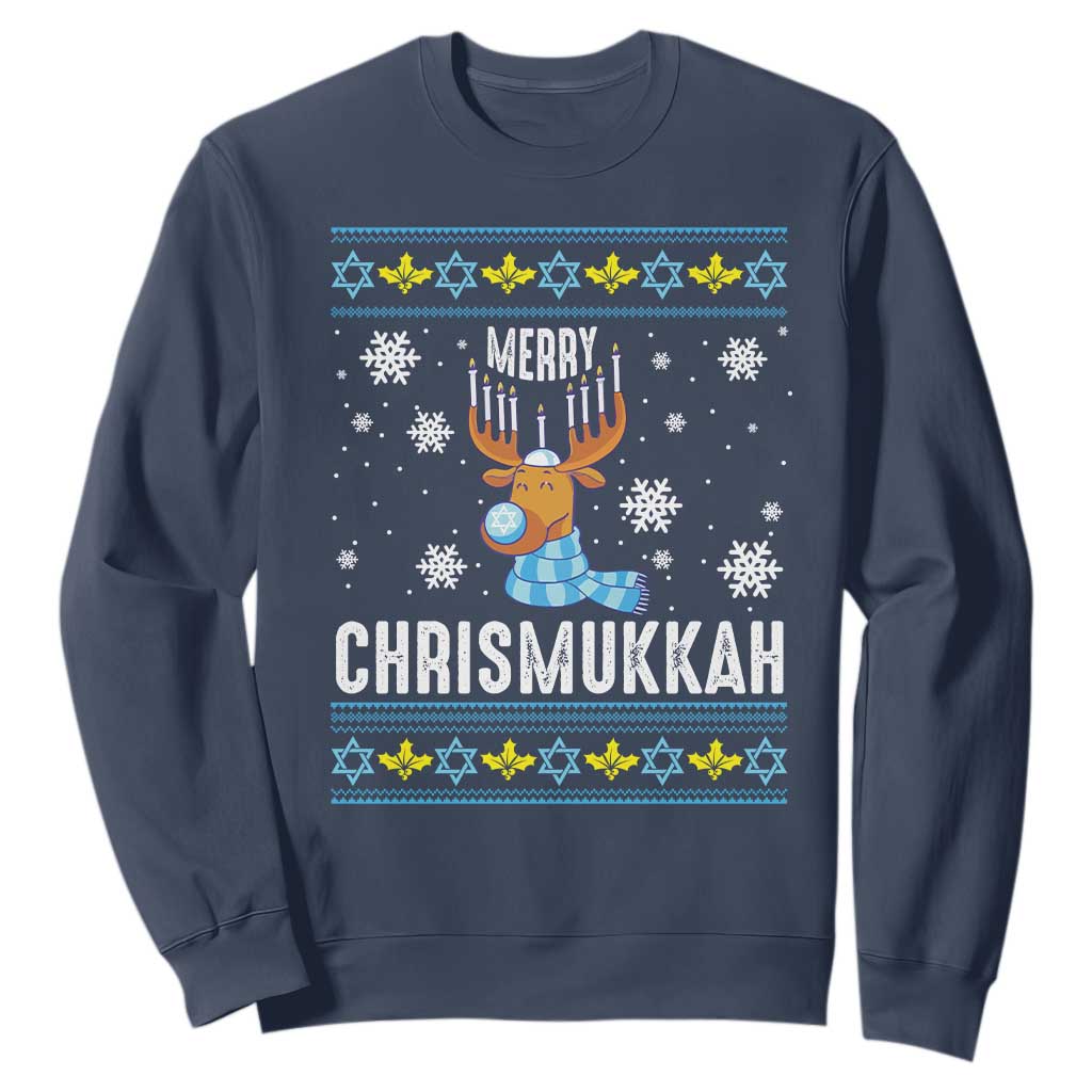 Funny Hanukkah Christmas Sweatshirt Merry Chrismukkah Reindeer David Stars Menorah TS11 Navy Print Your Wear