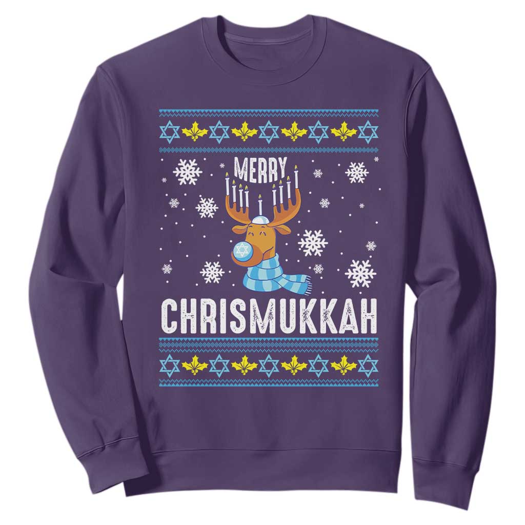 Funny Hanukkah Christmas Sweatshirt Merry Chrismukkah Reindeer David Stars Menorah TS11 Purple Print Your Wear