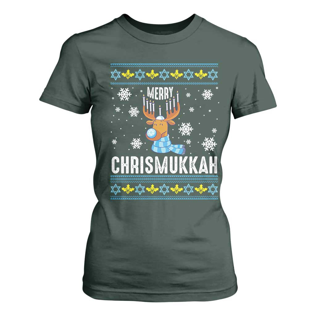 Funny Hanukkah Christmas T Shirt For Women Merry Chrismukkah Reindeer David Stars Menorah TS11 Dark Forest Green Print Your Wear