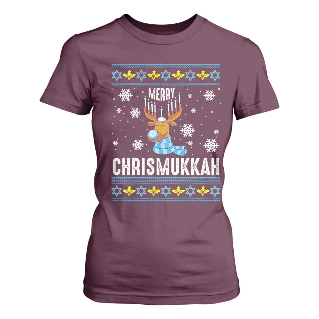 Funny Hanukkah Christmas T Shirt For Women Merry Chrismukkah Reindeer David Stars Menorah TS11 Maroon Print Your Wear