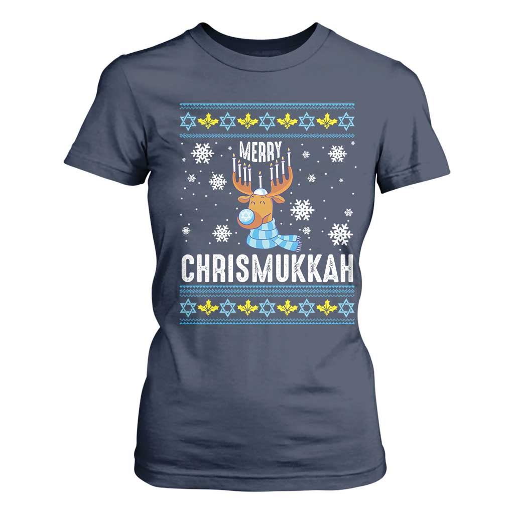 Funny Hanukkah Christmas T Shirt For Women Merry Chrismukkah Reindeer David Stars Menorah TS11 Navy Print Your Wear