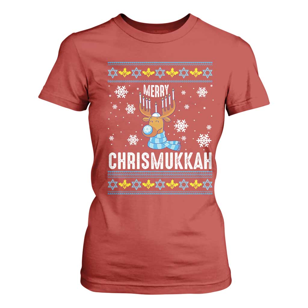 Funny Hanukkah Christmas T Shirt For Women Merry Chrismukkah Reindeer David Stars Menorah TS11 Red Print Your Wear