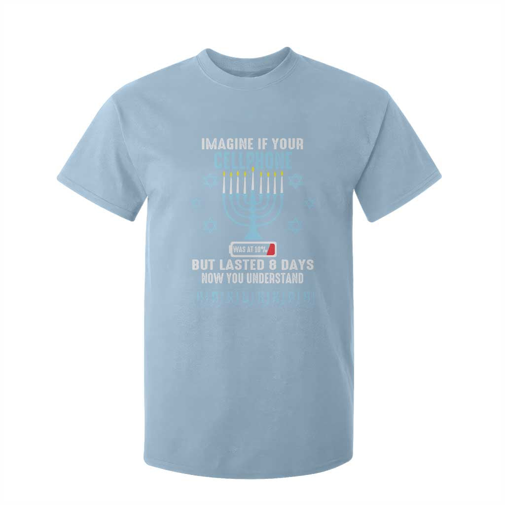 Funny Hanukkah T Shirt For Kid Imagine If Your Cellphone Was At 10% But Lasted 8 Days Menorah TS11 Light Blue Print Your Wear