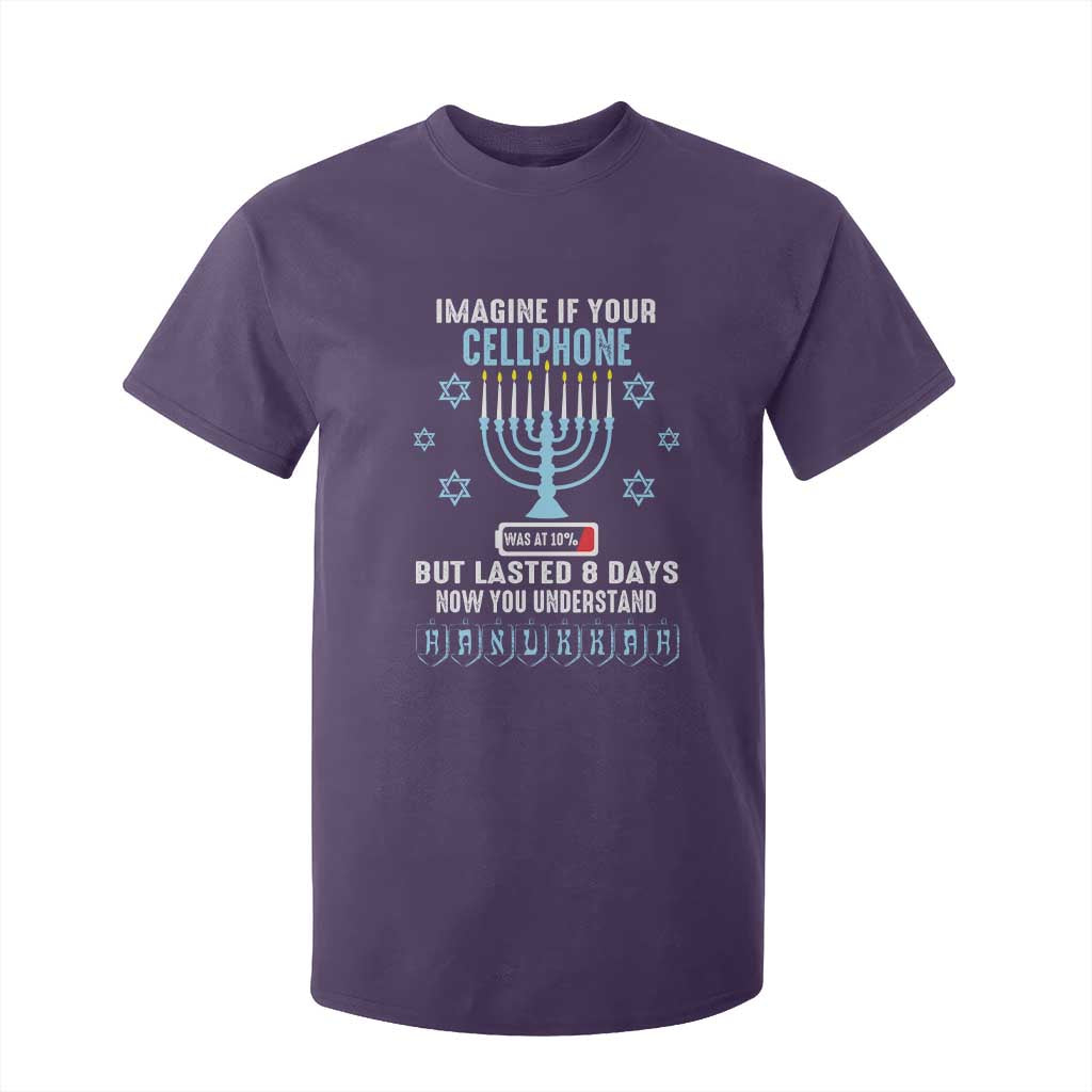 Funny Hanukkah T Shirt For Kid Imagine If Your Cellphone Was At 10% But Lasted 8 Days Menorah TS11 Purple Print Your Wear