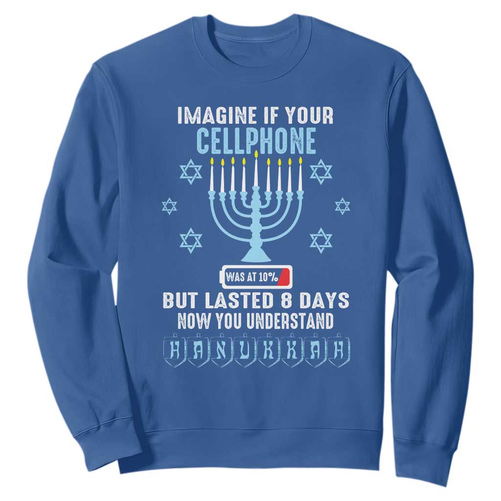 Funny Hanukkah Sweatshirt Imagine If Your Cellphone Was At 10% But Lasted 8 Days Menorah TS11 Royal Blue Print Your Wear