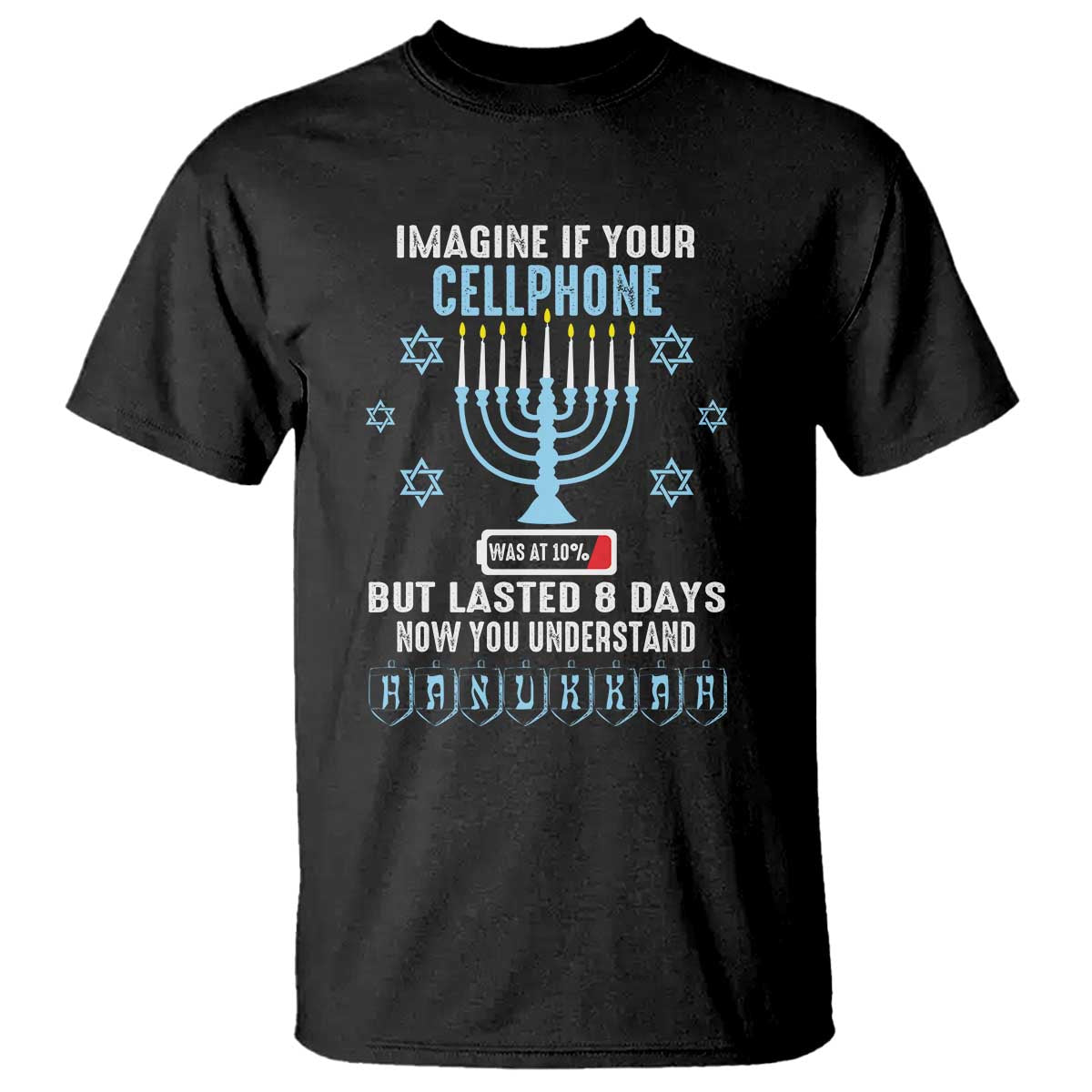 Funny Hanukkah T Shirt Imagine If Your Cellphone Was At 10% But Lasted 8 Days Menorah TS11 Black Print Your Wear