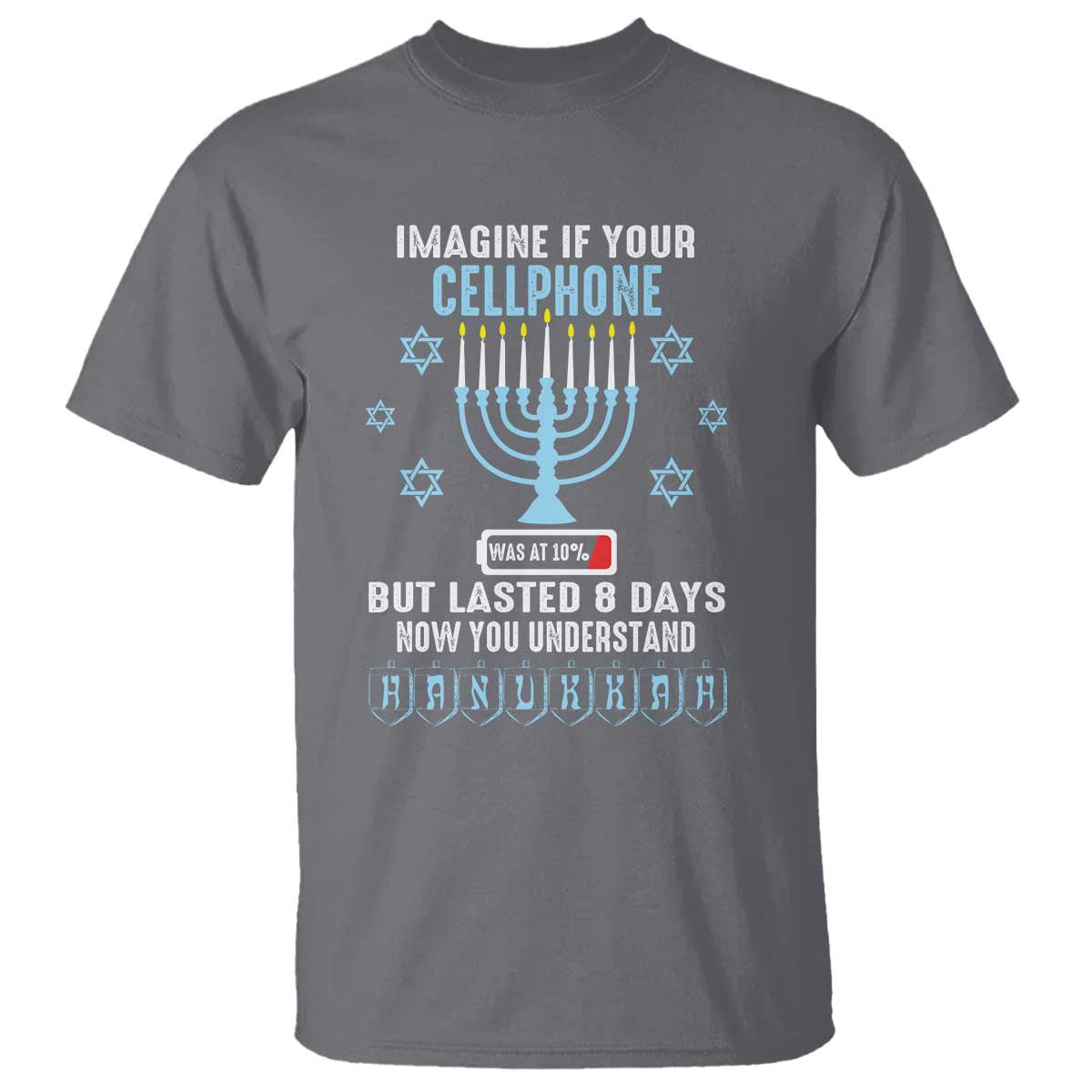 Funny Hanukkah T Shirt Imagine If Your Cellphone Was At 10% But Lasted 8 Days Menorah TS11 Charcoal Print Your Wear
