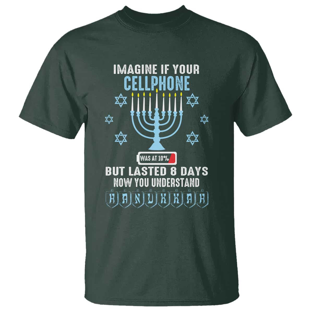 Funny Hanukkah T Shirt Imagine If Your Cellphone Was At 10% But Lasted 8 Days Menorah TS11 Dark Forest Green Print Your Wear