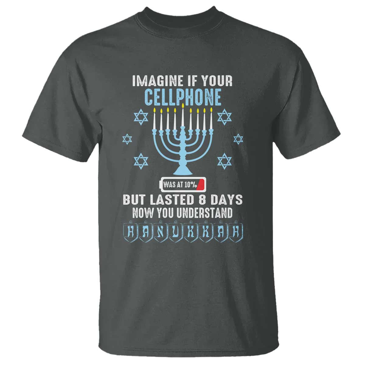 Funny Hanukkah T Shirt Imagine If Your Cellphone Was At 10% But Lasted 8 Days Menorah TS11 Dark Heather Print Your Wear