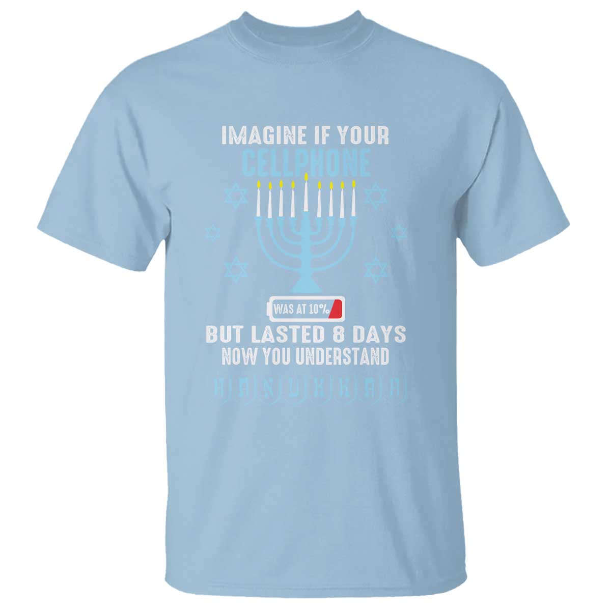 Funny Hanukkah T Shirt Imagine If Your Cellphone Was At 10% But Lasted 8 Days Menorah TS11 Light Blue Print Your Wear