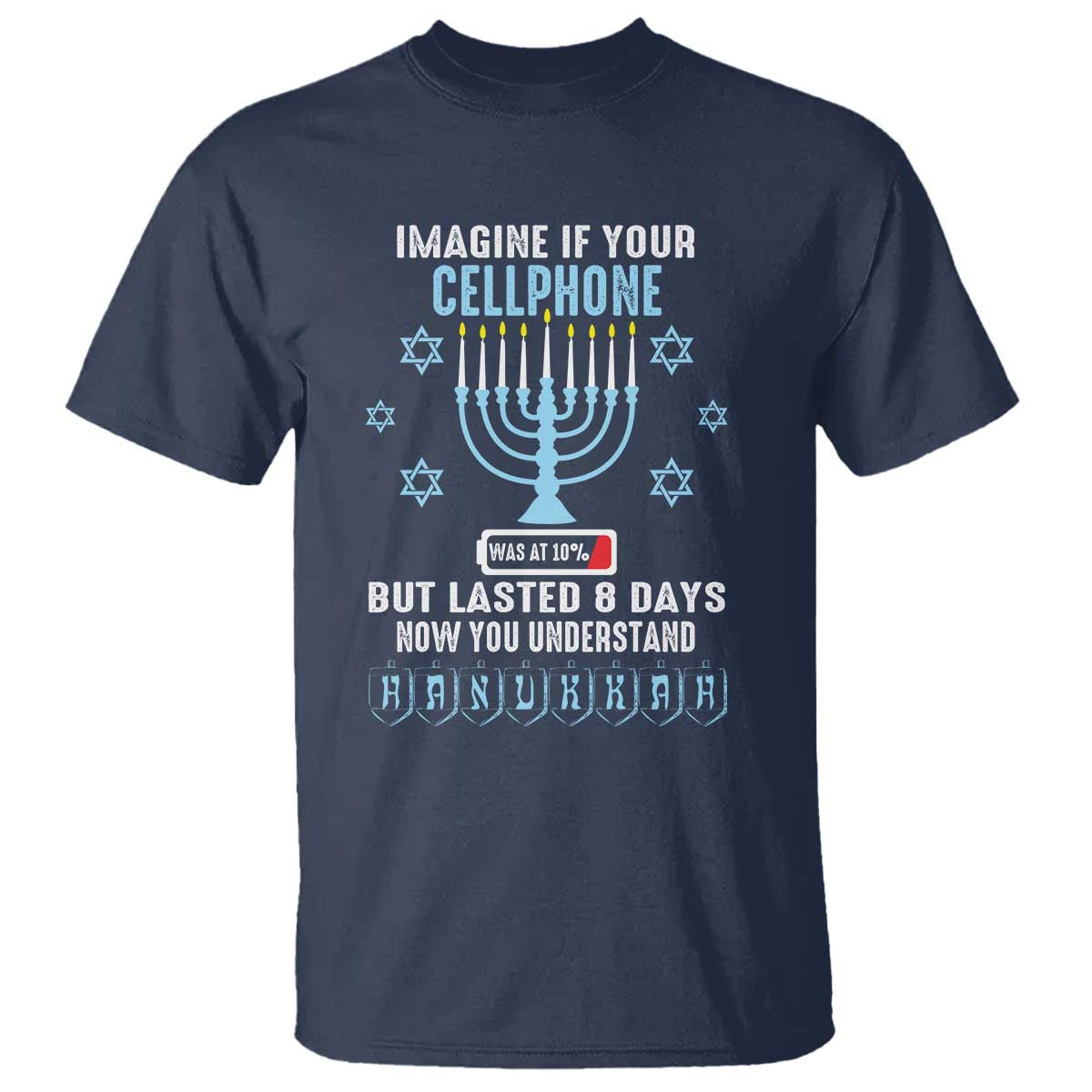Funny Hanukkah T Shirt Imagine If Your Cellphone Was At 10% But Lasted 8 Days Menorah TS11 Navy Print Your Wear