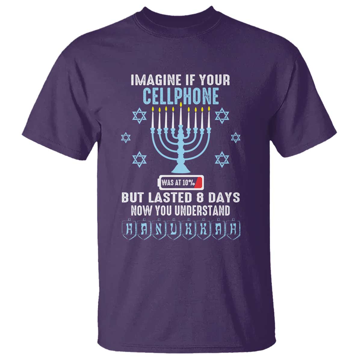 Funny Hanukkah T Shirt Imagine If Your Cellphone Was At 10% But Lasted 8 Days Menorah TS11 Purple Print Your Wear