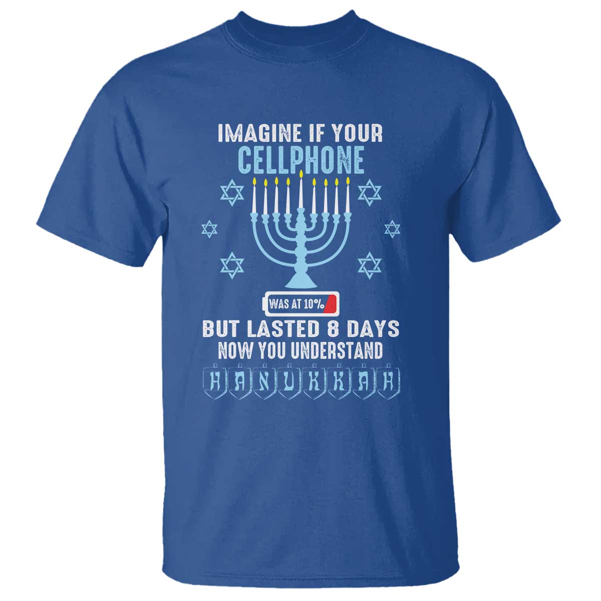 Funny Hanukkah T Shirt Imagine If Your Cellphone Was At 10% But Lasted 8 Days Menorah TS11 Royal Blue Print Your Wear