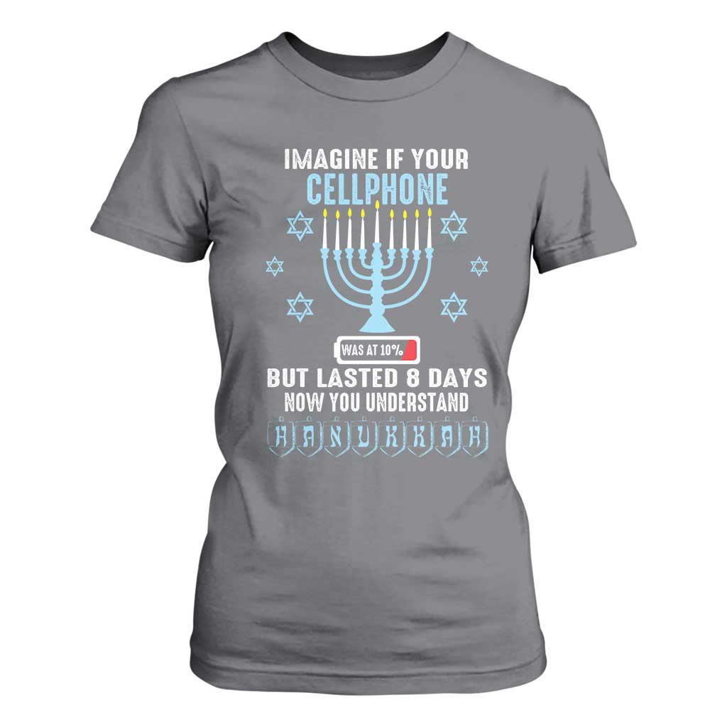 Funny Hanukkah T Shirt For Women Imagine If Your Cellphone Was At 10% But Lasted 8 Days Menorah TS11 Charcoal Print Your Wear