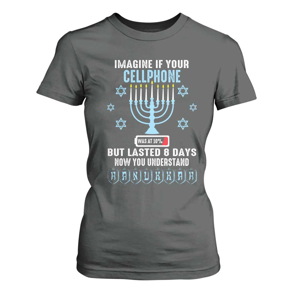 Funny Hanukkah T Shirt For Women Imagine If Your Cellphone Was At 10% But Lasted 8 Days Menorah TS11 Dark Heather Print Your Wear