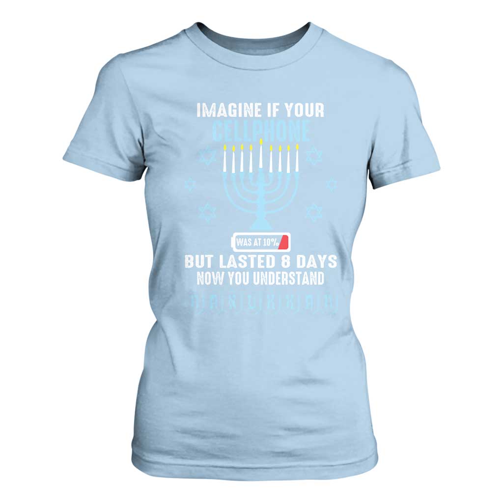 Funny Hanukkah T Shirt For Women Imagine If Your Cellphone Was At 10% But Lasted 8 Days Menorah TS11 Light Blue Print Your Wear