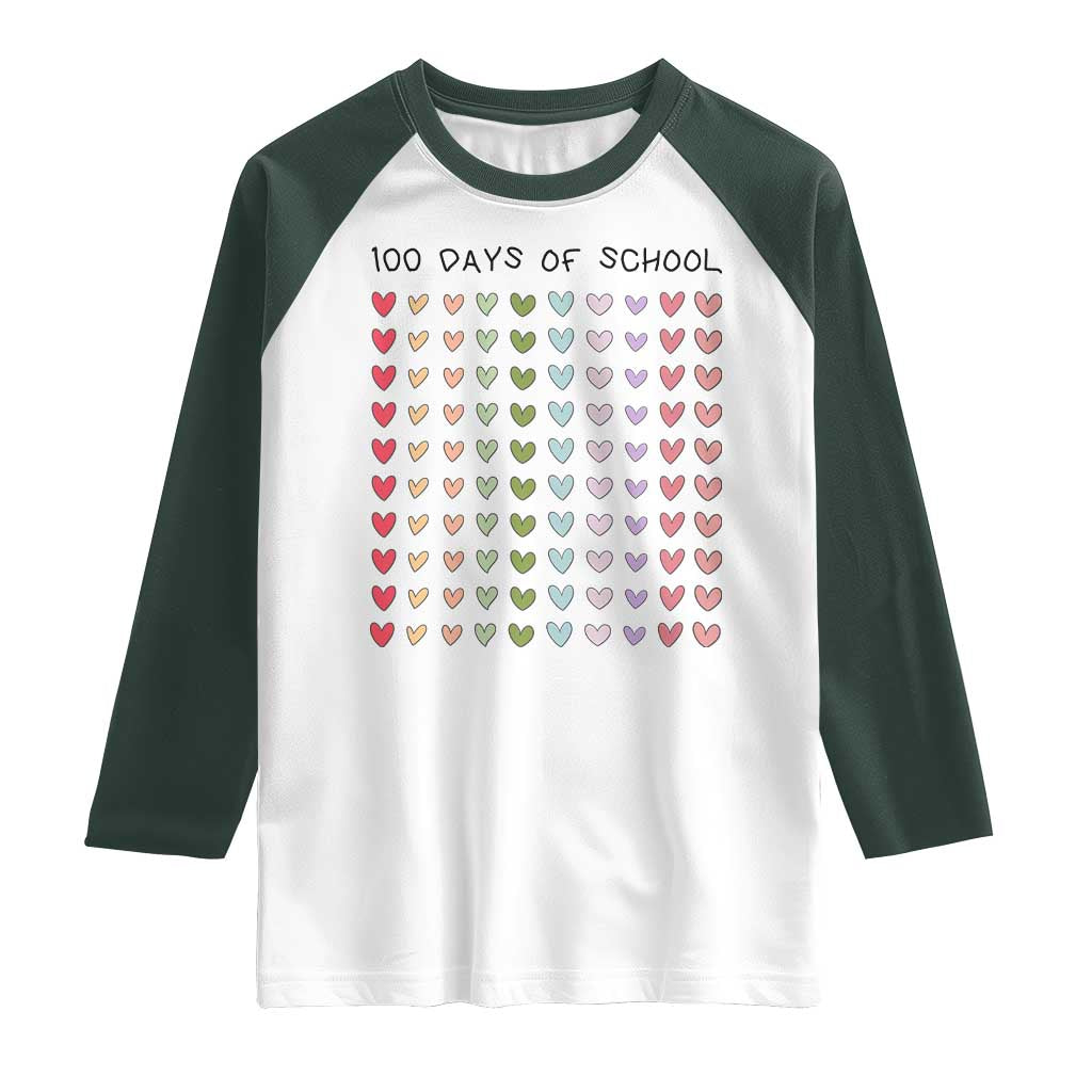 Funny 100 Days Of School Cute Pastel Heart Sketch Raglan Shirt TS11 White Dark Forest Green Print Your Wear