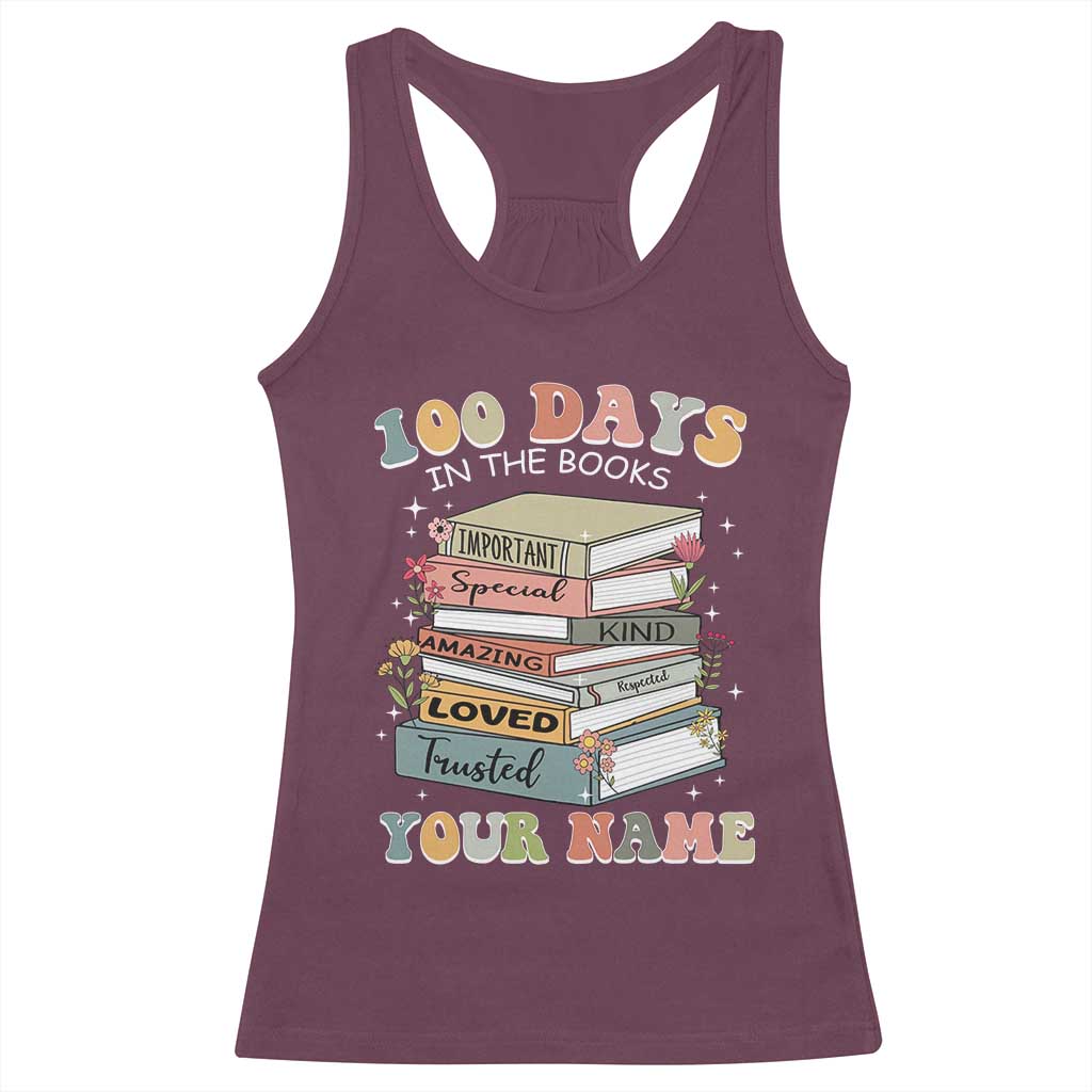 Personalized 100 Days In The Books Racerback Tank Top Custom Name Mr Mrs Teachers 100th Days Of School TS11 Maroon Print Your Wear