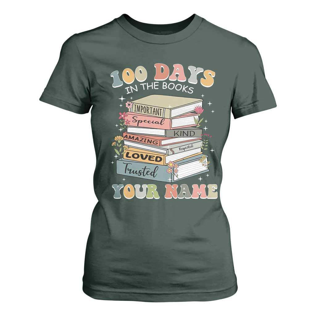 Personalized 100 Days In The Books T Shirt For Women Custom Name Mr Mrs Teachers 100th Days Of School TS11 Dark Forest Green Print Your Wear