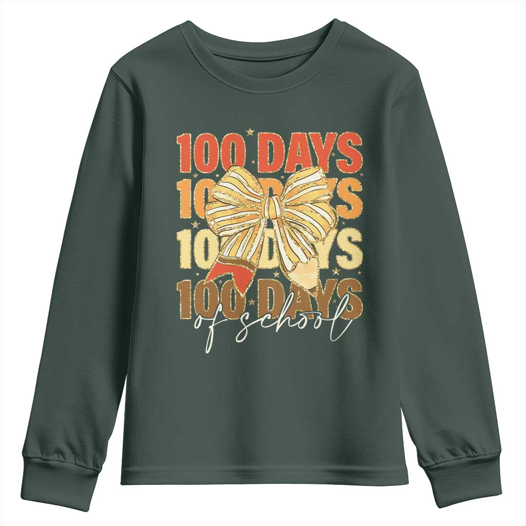 100 Days Of School Coquette Pencil Bow Youth Sweatshirt TS11 Dark Forest Green Print Your Wear