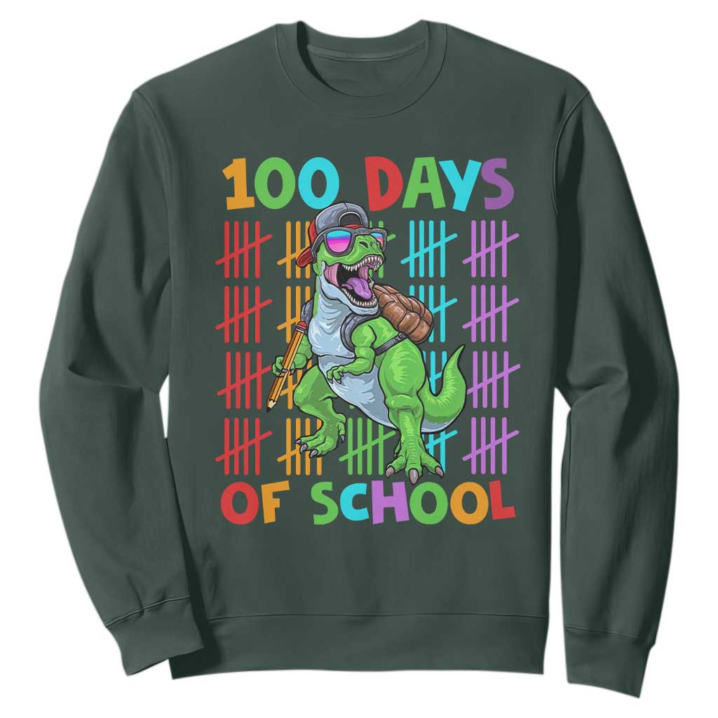 Funny 100 Days Of School T-Rex Dinosaur Sweatshirt TS11 Dark Forest Green Print Your Wear
