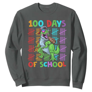 Funny 100 Days Of School T-Rex Dinosaur Sweatshirt TS11 Dark Heather Print Your Wear