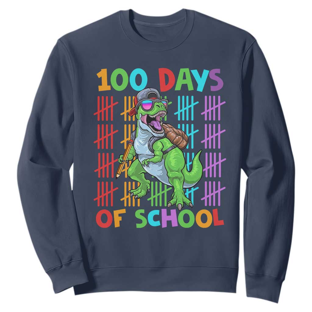 Funny 100 Days Of School T-Rex Dinosaur Sweatshirt TS11 Navy Print Your Wear