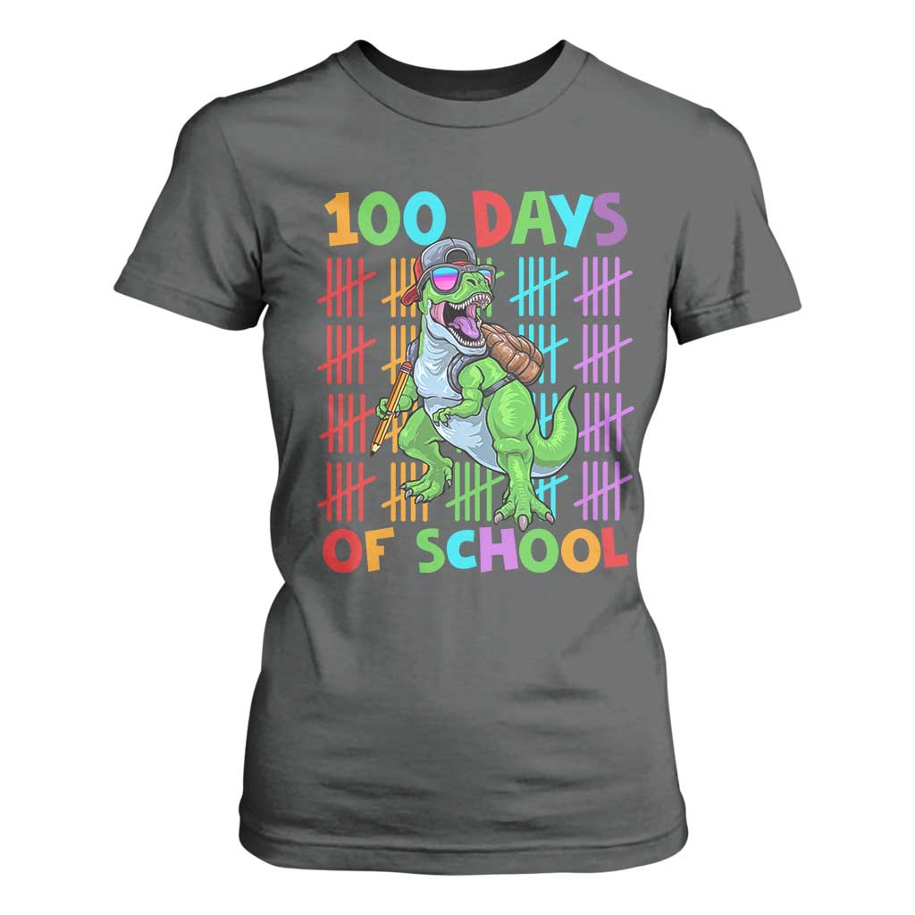 Funny 100 Days Of School T-Rex Dinosaur T Shirt For Women TS11 Dark Heather Print Your Wear