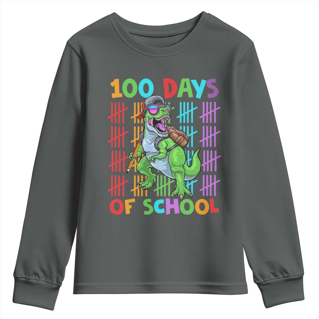 Funny 100 Days Of School T-Rex Dinosaur Youth Sweatshirt TS11 Dark Heather Print Your Wear