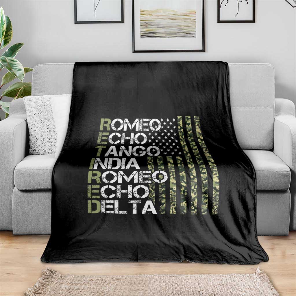 Funny Retired Military Phonetic Alphabet Retirement Throw Blanket Vintage Camouflage Flag TS11 Print Your Wear