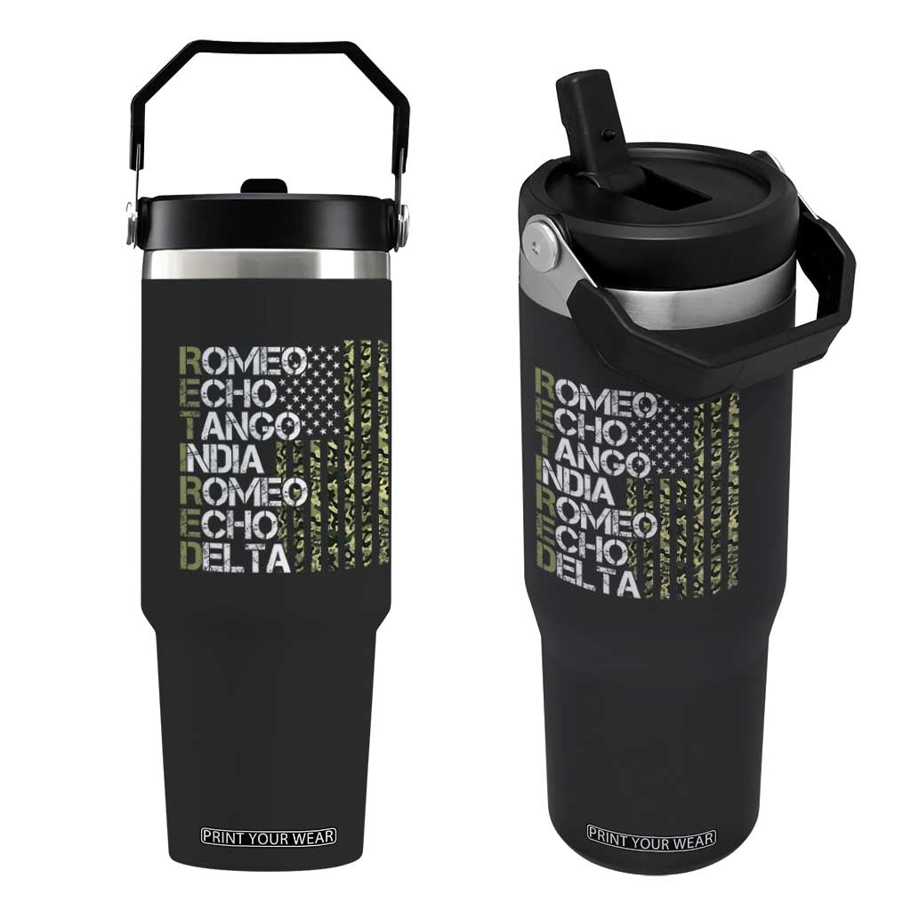 Funny Retired Military Phonetic Alphabet Retirement Flip Straw Tumbler Vintage Camouflage Flag TS11 One Size: 30 oz Black Print Your Wear