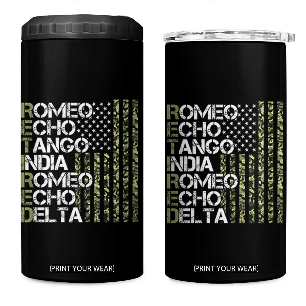 Funny Retired Military Phonetic Alphabet Retirement 4 in 1 Can Cooler Tumbler Vintage Camouflage Flag TS11 One Size: 16 oz Black Print Your Wear