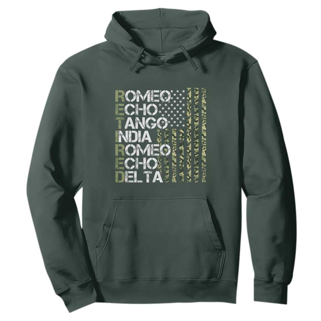 Funny Retired Military Phonetic Alphabet Retirement Hoodie Vintage Camouflage Flag TS11 Dark Forest Green Print Your Wear