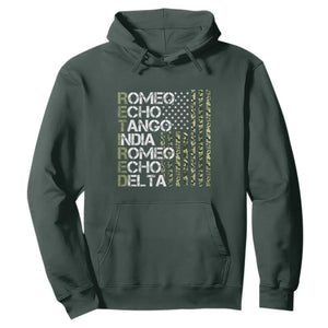Funny Retired Military Phonetic Alphabet Retirement Hoodie Vintage Camouflage Flag TS11 Dark Forest Green Print Your Wear