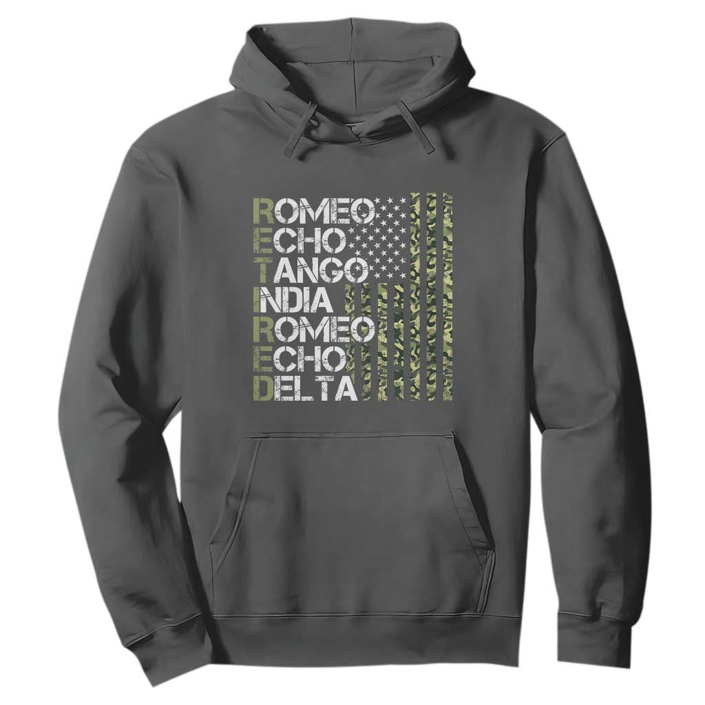 Funny Retired Military Phonetic Alphabet Retirement Hoodie Vintage Camouflage Flag TS11 Dark Heather Print Your Wear