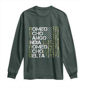 Retired 2025 Military Phonetic Alphabet Retirement Long Sleeve Shirt Vintage Camouflage Flag TS11 Dark Forest Green Print Your Wear
