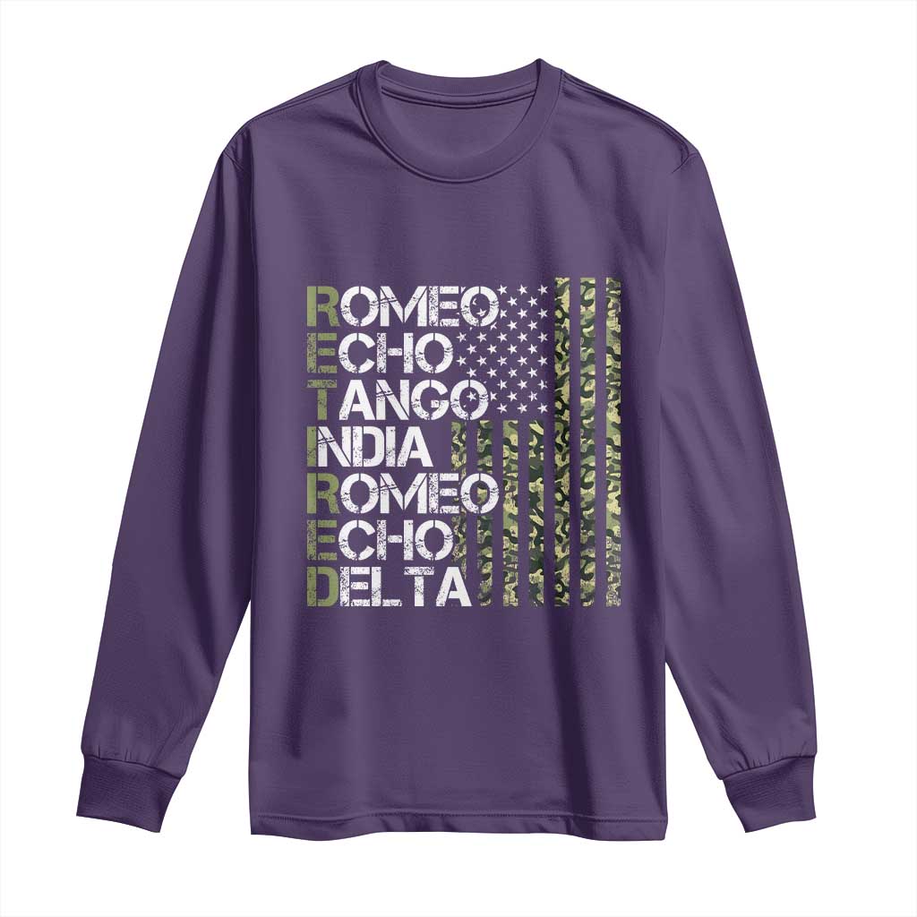 Funny Retired Military Phonetic Alphabet Retirement Long Sleeve Shirt Vintage Camouflage Flag TS11 Purple Print Your Wear