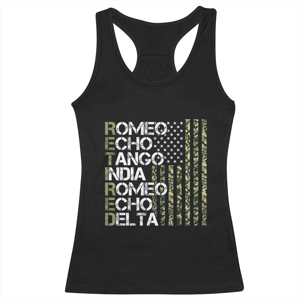 Retired 2025 Military Phonetic Alphabet Retirement Racerback Tank Top Vintage Camouflage Flag TS11 Black Print Your Wear