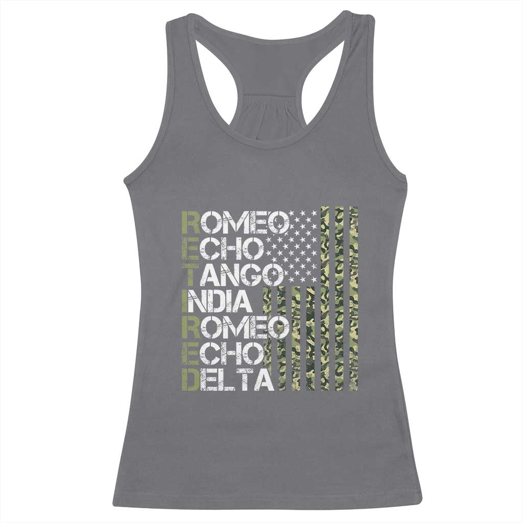 Funny Retired Military Phonetic Alphabet Retirement Racerback Tank Top Vintage Camouflage Flag TS11 Charcoal Print Your Wear