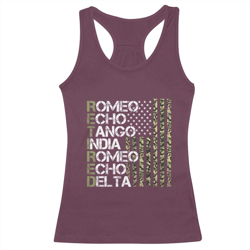 Funny Retired Military Phonetic Alphabet Retirement Racerback Tank Top Vintage Camouflage Flag TS11 Maroon Print Your Wear
