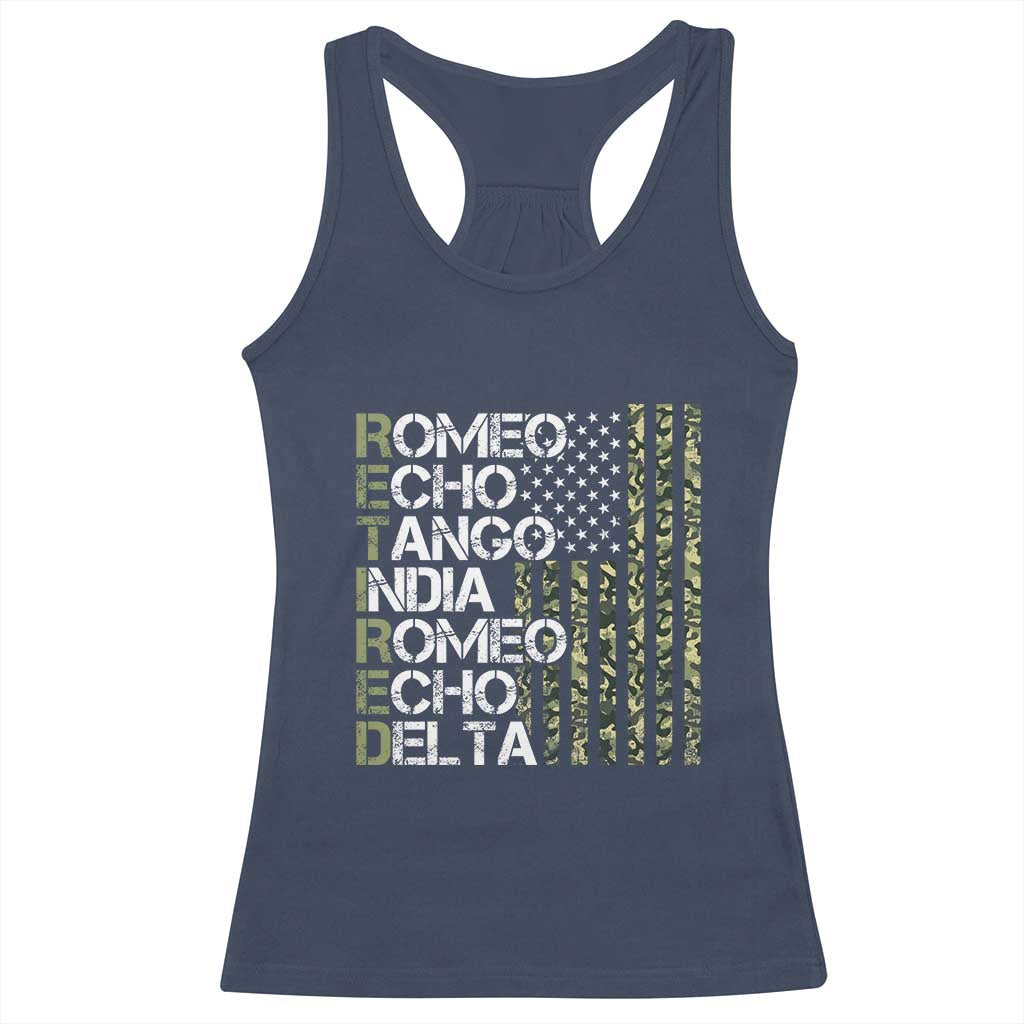 Funny Retired Military Phonetic Alphabet Retirement Racerback Tank Top Vintage Camouflage Flag TS11 Navy Print Your Wear