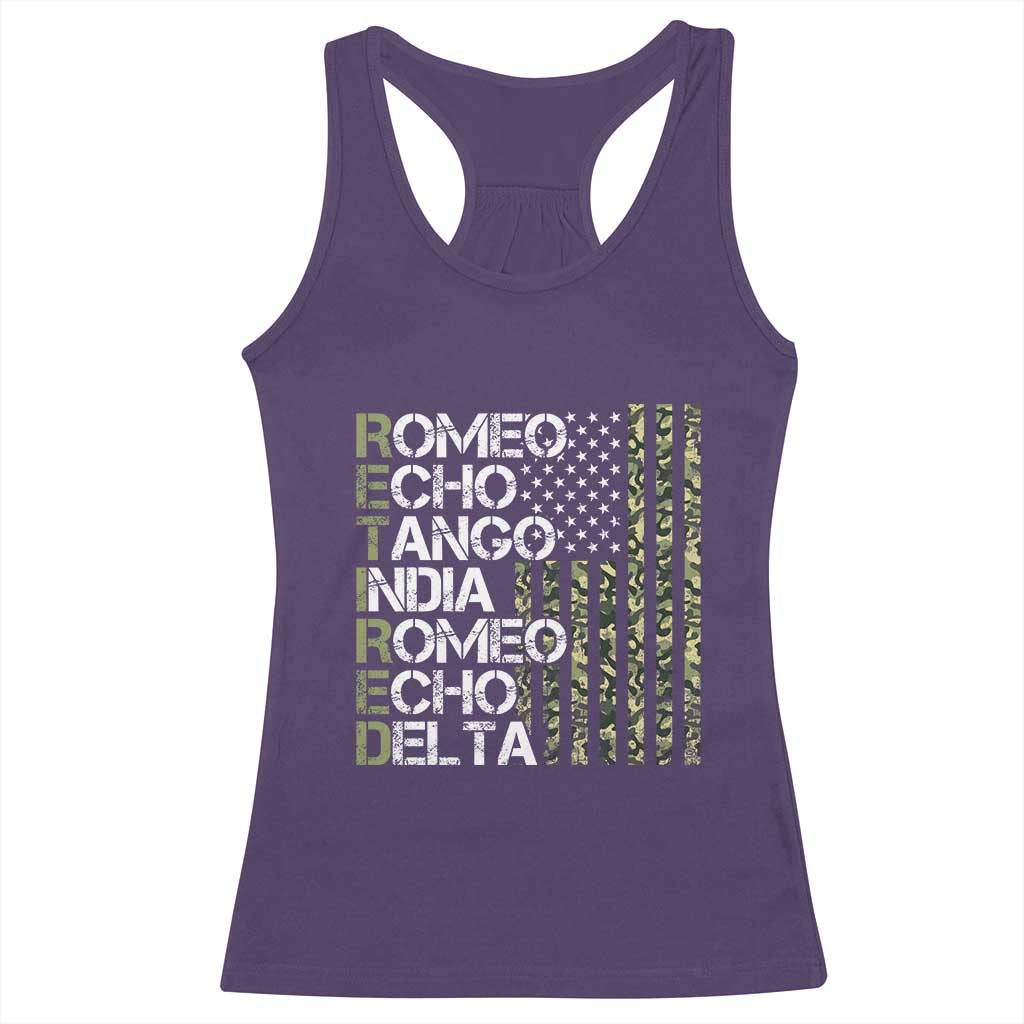 Funny Retired Military Phonetic Alphabet Retirement Racerback Tank Top Vintage Camouflage Flag TS11 Purple Print Your Wear