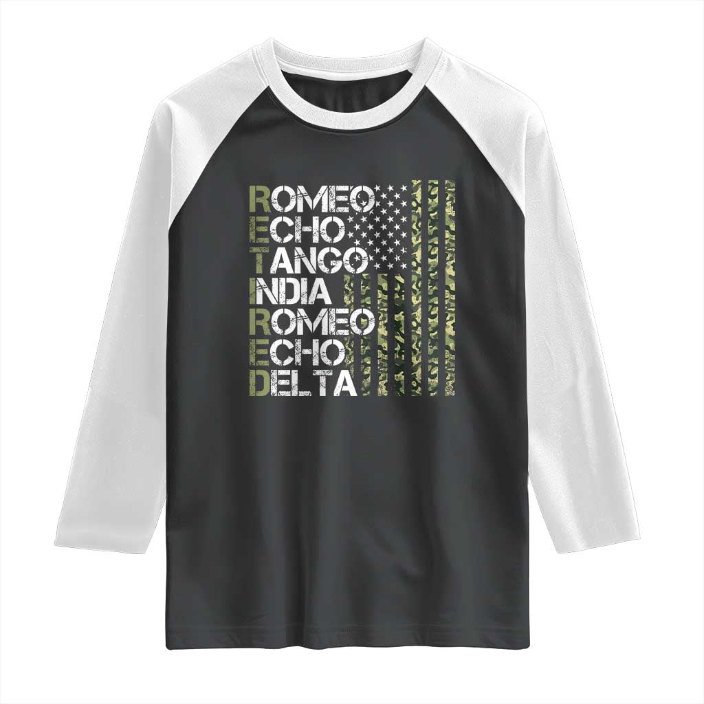 Funny Retired Military Phonetic Alphabet Retirement Raglan Shirt Vintage Camouflage Flag TS11 Black White Print Your Wear