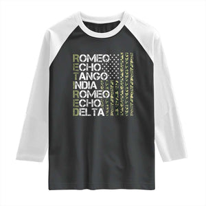 Retired 2025 Military Phonetic Alphabet Retirement Raglan Shirt Vintage Camouflage Flag TS11 Black White Print Your Wear