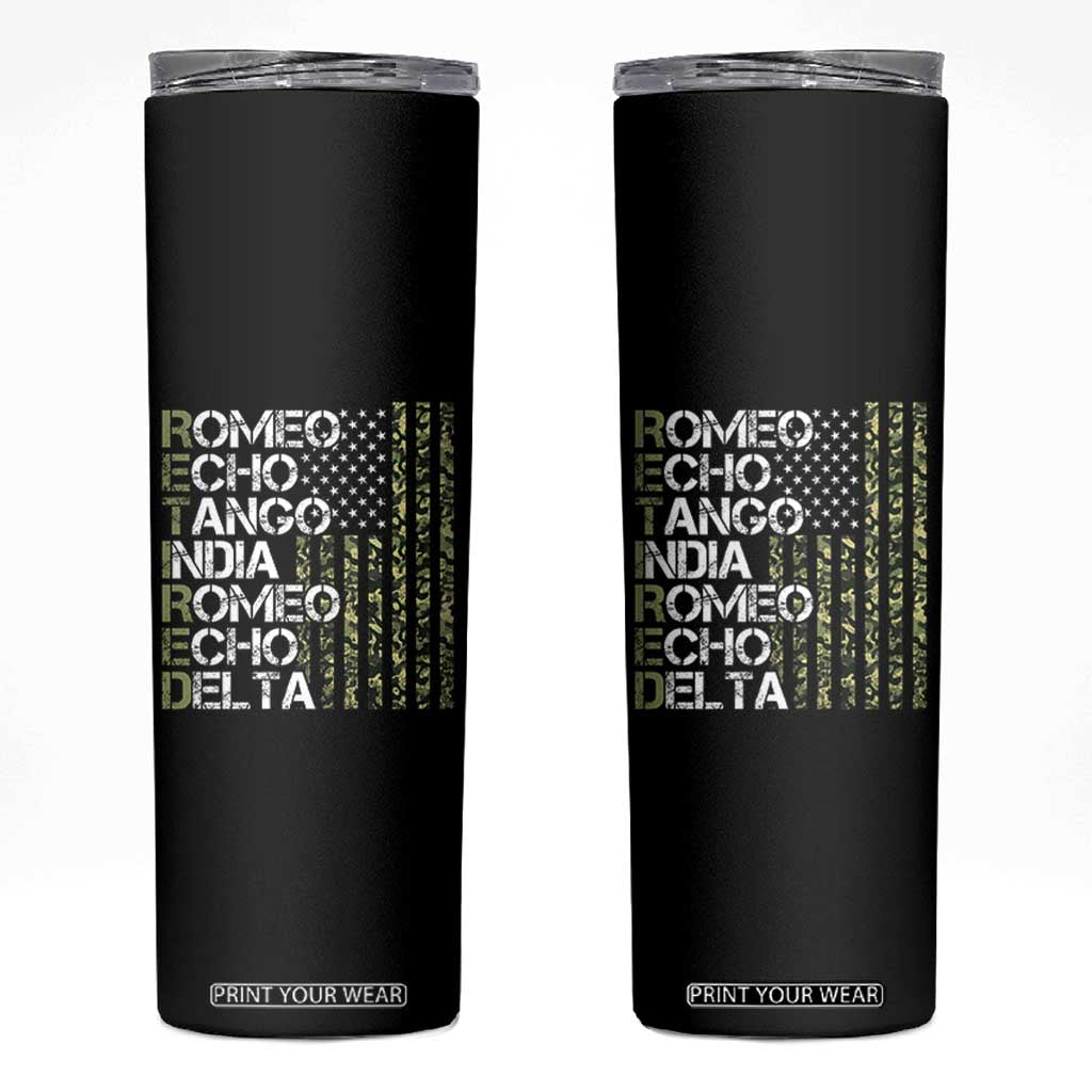 Funny Retired Military Phonetic Alphabet Retirement Skinny Tumbler Vintage Camouflage Flag TS11 Black Print Your Wear