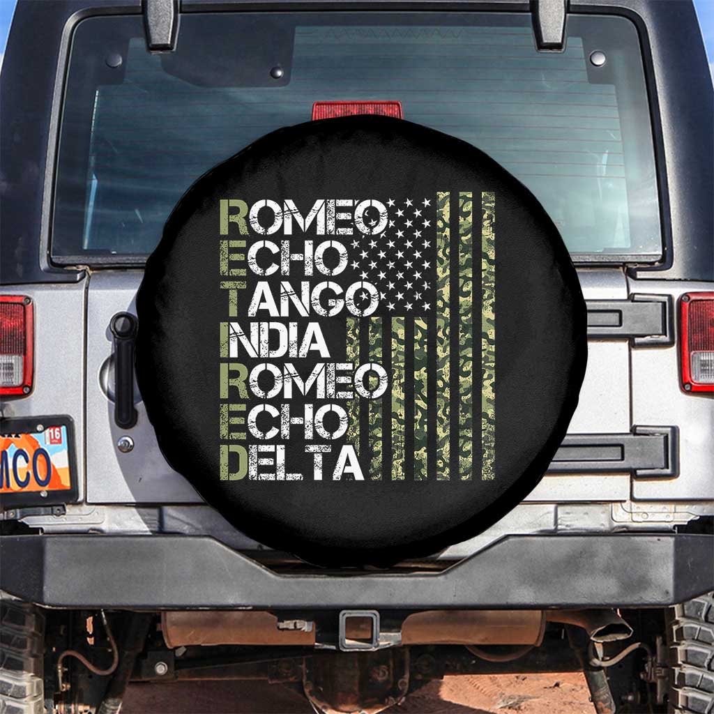 Funny Retired Military Phonetic Alphabet Retirement Spare Tire Cover Vintage Camouflage Flag TS11 No hole Black Print Your Wear