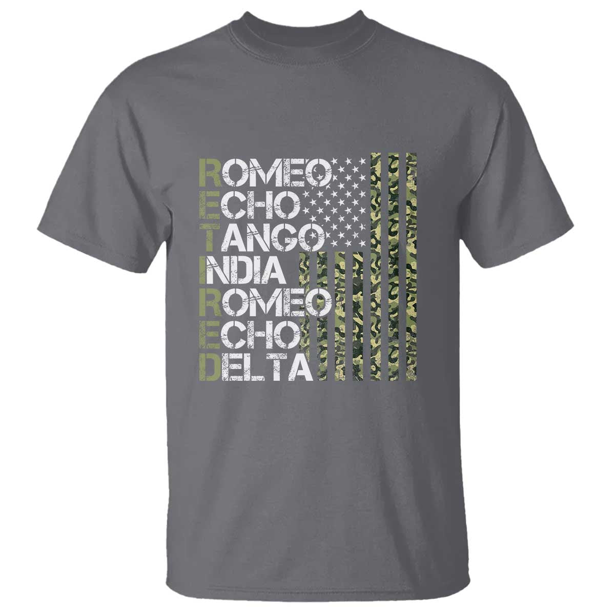 Funny Retired Military Phonetic Alphabet Retirement T Shirt Vintage Camouflage Flag TS11 Charcoal Print Your Wear
